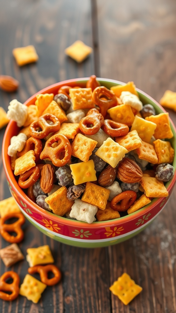 A colorful savory snack mix with pretzels, nuts, and cheese crackers in a bowl on a rustic table.